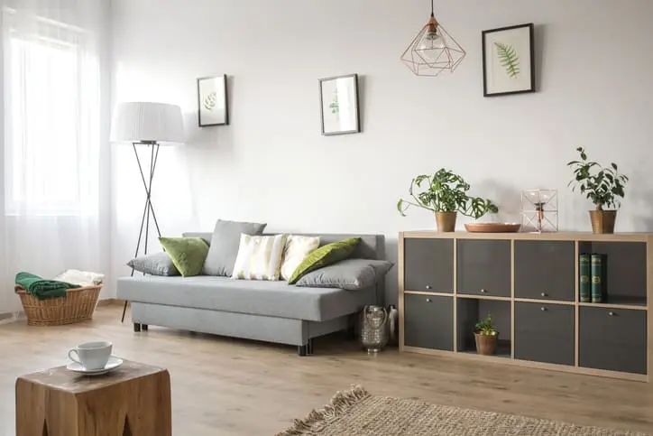 Cozy couch in bright apartment